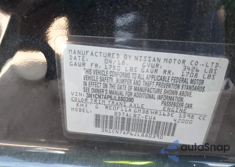 2018 Nissan Versa 1.6 Sv из США, поврежденный, VIN 3N1CN7AP6JL880390